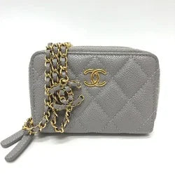 CHANEL AP2308 Matelassé Chain Wallet/Coin Case Shoulder Bag, Caviar Leather, Women's, Gray