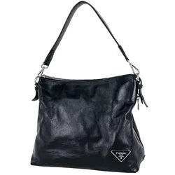 Prada PRADA Logo Plate Shoulder Bag, Leather, Nero (Black), Women's